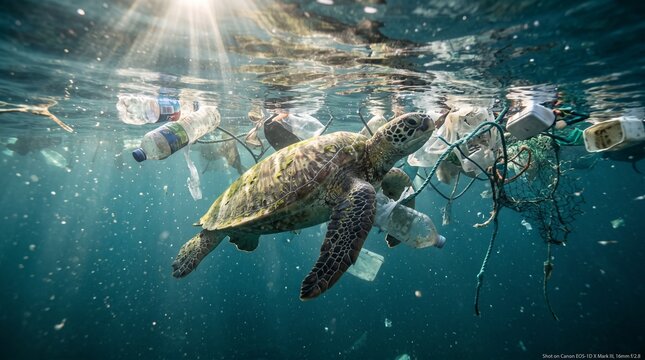 Sea Turtle and Ocean Plastic Pollution Concept