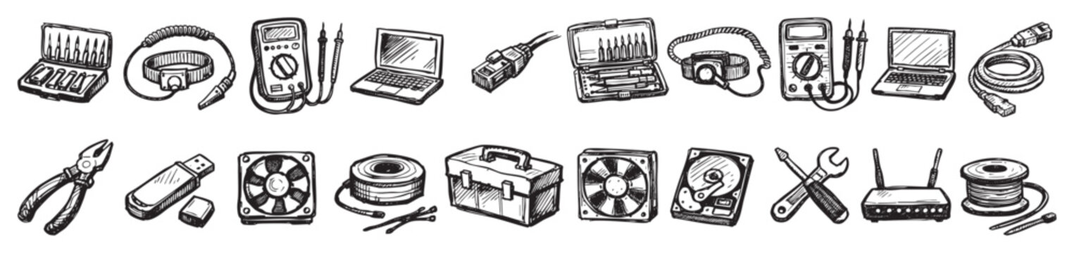 Various hand-drawn computer repair and electronic maintenance tools, including multimeters, screwdrivers, and network cables, on a clean white background