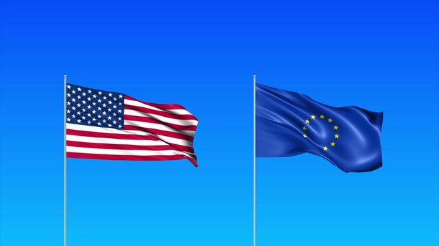 EU and USA Flags Animation Loop, Waving National Flags Background