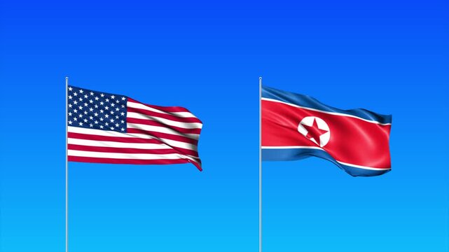 USA and North Korea Flags Animation Loop, Waving National Flags Background