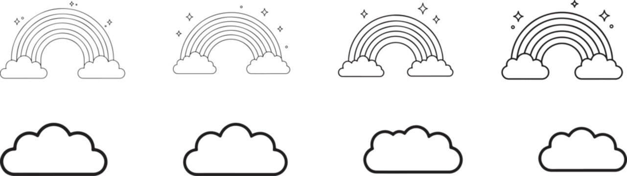 Cute rainbow and clouds icon set, vector outline illustration for coloring