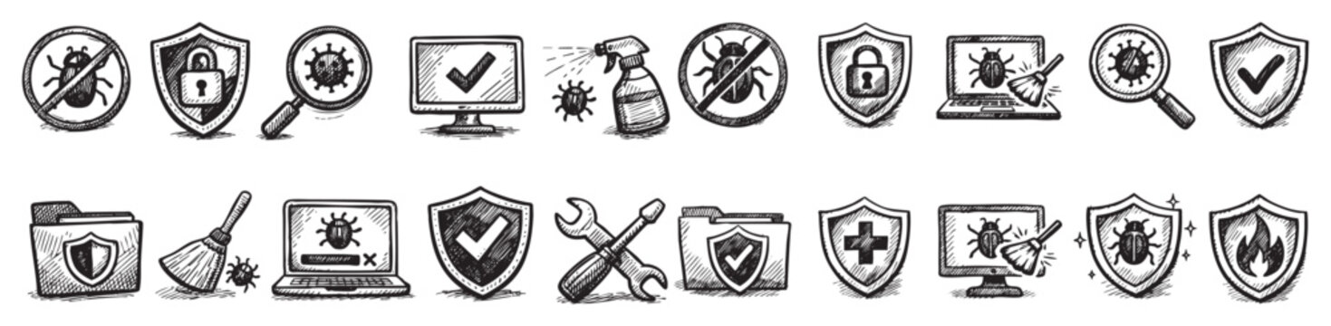 Hand-drawn cybersecurity and antivirus icons in a doodle style, depicting digital protection, virus scanning, and data security on a white background