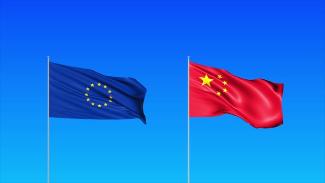 EU and CHINA Flags Animation Loop, Waving National Flags Background