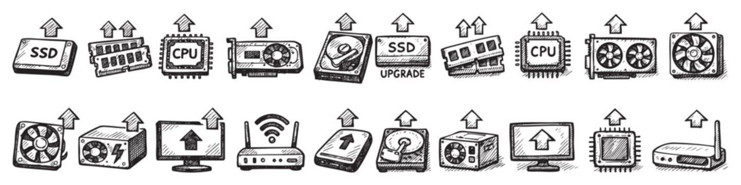 Various hand-drawn computer hardware components with upward arrows, symbolizing upgrades or data transfer, presented as a black and white doodle set on a clean white background