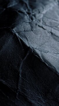Dark crumpled texture. Macro view of black wrinkled surface with deep cracks and folds, subtle camera movement creating shifting highlights and shadows. 