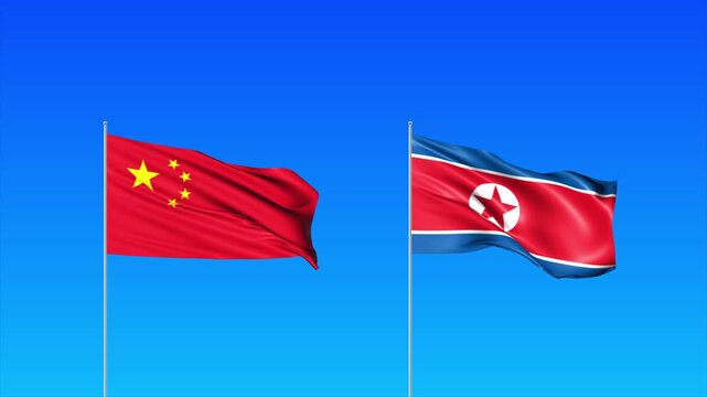 China and North Korea Flags Animation Loop, Waving National Flags Background