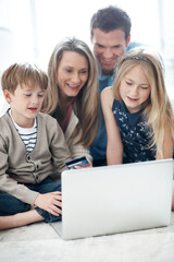 Fototapeta premium Online shopping, laptop and family with credit card in lounge, happy people and purchase on website. Parents, smile and bonding with children, ecommerce and digital payment with technology in home