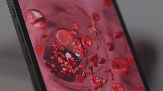 A smartphone screen displays an animation of a human vein or artery with red blood cells. Hemoglobin, blood flow, blood cells, blood plasma, arteries, healthcare and medicine.