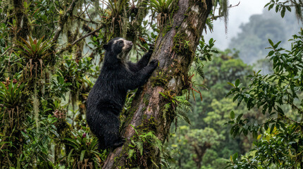 Obraz premium Andean bear climbing a mossy tree in a lush green rainforest.