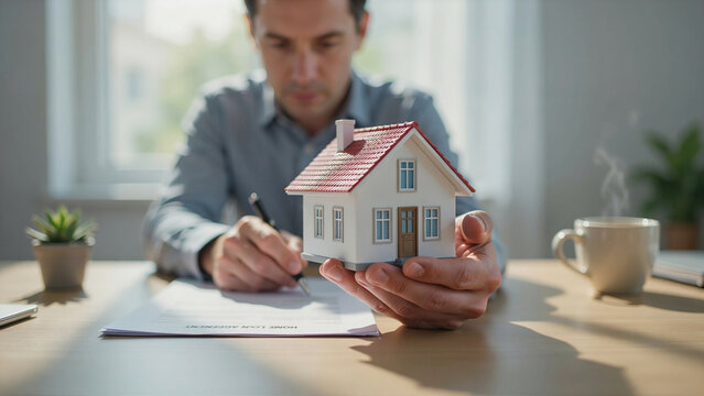 Man holding a small model house while reviewing paperwork at a desk