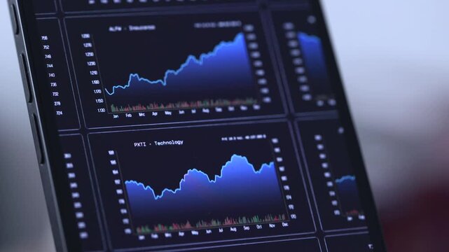 Smartphone shows charts up and down, line graph, stock market and exchange data, trading screen. Investment, business, financial market, analyzing, growth, wealth.