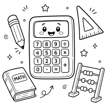 Educational math doodle set featuring a happy calculator, pencil, triangle ruler, abacus, and a textbook on white background
