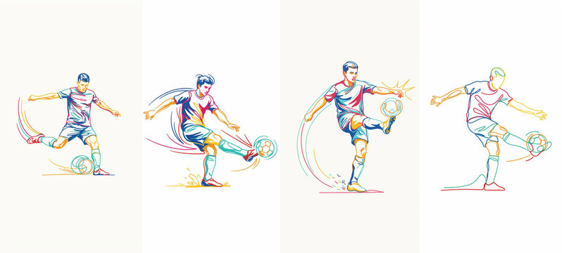 Dynamic male football and soccer athletes. Set of colorful single line art icons. Men players kicking dribbling passing and shooting in action poses. Sports line illustration, league team victory 