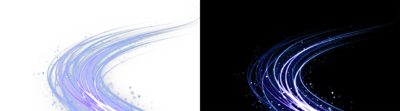 Abstract Curved Neon Blue Light Trails and Glowing Particles on Transparent and Black Background