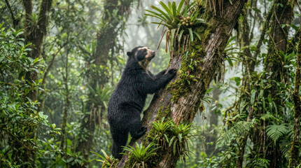 Obraz premium Andean Spectacled Bear Climbing a Tree in a Lush Forest 2.