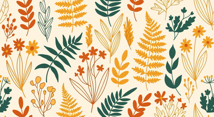 Warm autumn floral and fern leaf seamless pattern © herdi