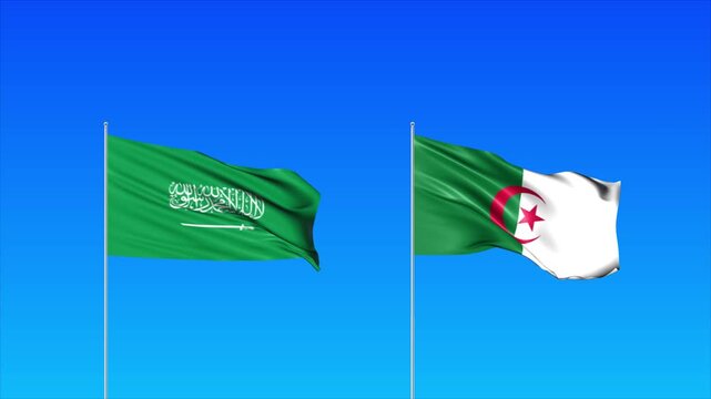 Saudi Arabia and Algeria Flags Animation Loop, Waving National Flags Background