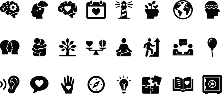 Mental wellness icon set psychology therapy mindfulness and self care concepts