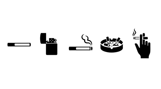 Smoking habit silhouette illustration featuring cigarettes, lighter, ashtray, and hand symbolizing addiction, lifestyle, and health awareness