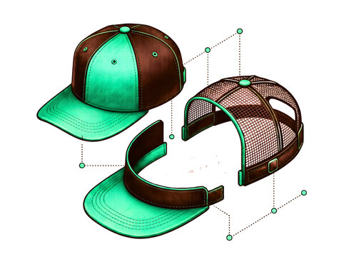 snapback trucker's baseball cap, brown-green mesh background illustration, technical drawing with front and back view