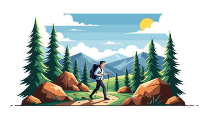 Flat style vector illustration of a man hiking along a scenic mountain trail carrying a backpack through alpine landscapes. Perfect for trekking, adventure travel and outdoor themes © Amie