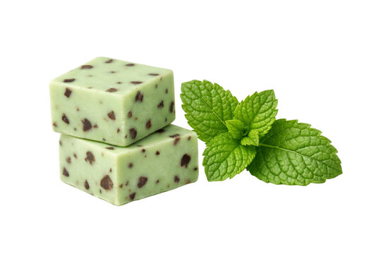 Two mint chocolate fudge squares with light green filling and dark chocolate pieces, isolated on transparent background, shown with fresh mint leaves.