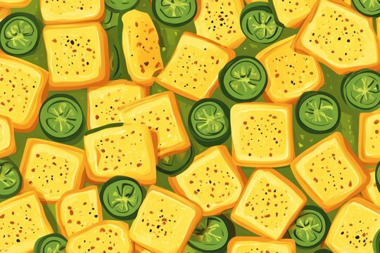 A vibrant digital illustration of pineapple chunks and jalape?o slices arranged in a colorful pattern