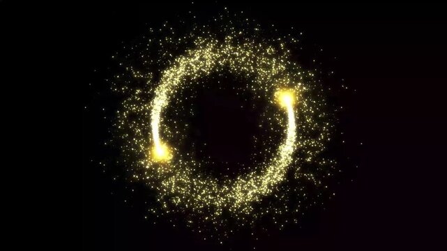 Golden circular motion of sparkling light particles, gold circle abstract glow magic glitter circle, magic particles forming a rotating circular frame on black background. 4K video