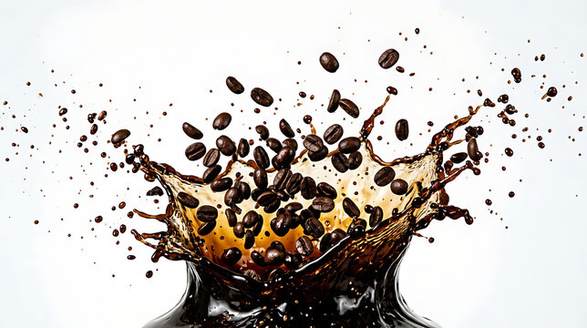 Dynamic splash of coffee beans with liquid in mid-air capturing motion and texture vividly