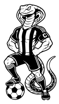 Soccer Cobra Mascot, Football Snake Clipart, Cartoon Cobra Player, Sports Mascot, Black and White Outline Vector Illustration