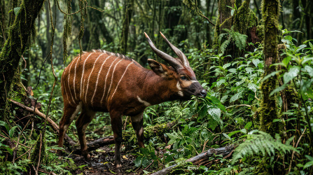 Bongo Antelope with Striped Coat in Lush Green Forest.
