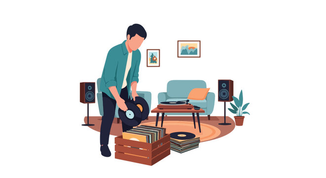Flat style vector illustration of a man organizing a vinyl record collection beside a modern turntable and speakers in a cozy living room. Perfect for music lovers, retro lifestyle and entertainment
