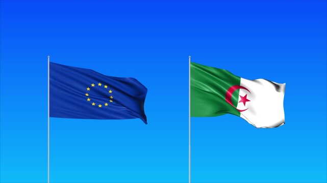 European Union and Algeria Flags Animation Loop, Waving National Flags Background
