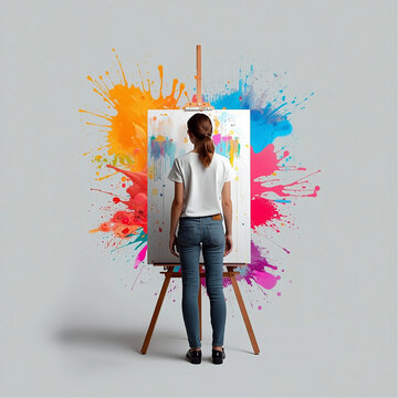 Artist painting on canvas with colorful paint splashes in a creative studio