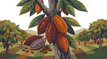 Ripe Cocoa Pods Hanging on Tree Branch in Plantation, Chocolate Ingredient © musnadul