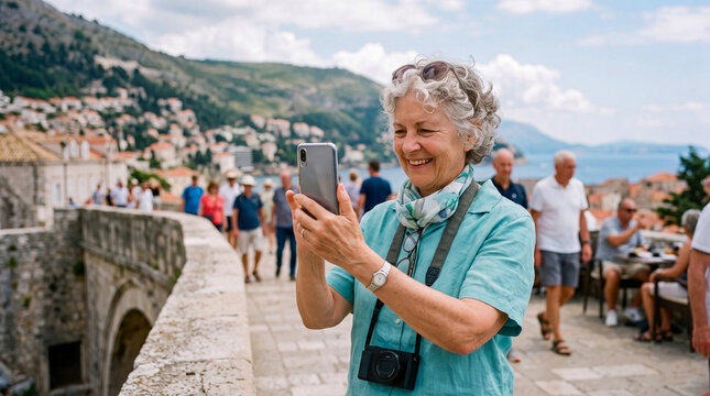 Happy senior tourist woman smiles while taking photo with her smartphone on stone wall overlooking scenic historic cityscape and Mediterranean sea in Croatia during summer