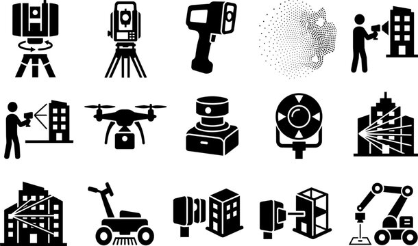 Laser Scanning and Surveying Technology Silhouette Icon Set &ndash; 3D Laser Scanners, LiDAR, Total Stations and BIM Survey Equipment