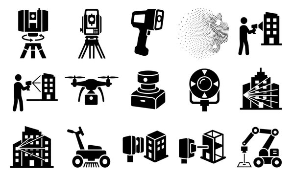 Laser Scanning and Surveying Technology Silhouette Icon Set &ndash; 3D Laser Scanners, LiDAR, Total Stations and BIM Survey Equipment