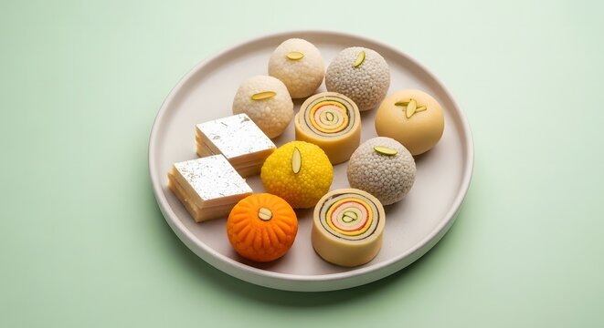 Assorted indian sweets mithai display on plate traditional confectionery