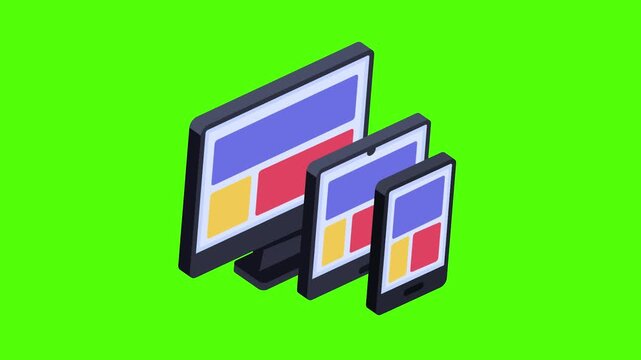 Responsive web design across desktop tablet mobile devices on green screen 4k animation video animation
