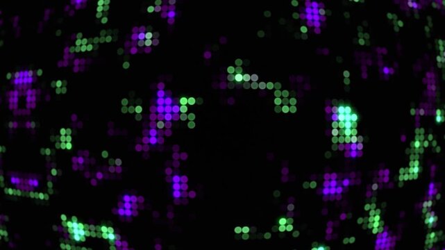 Halftone dot pattern digital abstract background with purple and green glowing lights