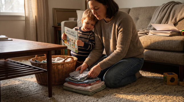 Solo parent folding clothes on living room floor as child interrupts