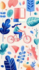 Obraz premium Textured illustration of person cycling through dreamlike landscape, surrounded by abundance of colorful abstract leaves and open books, symbolizing joyful pursuit of knowledge, outdoor adventure, and