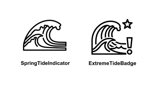 Spring tide and extreme tide warning icons set with indicator emergency monochrome environment prediction forecast meteorology climatology phenomenon minimalist
