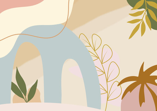 Tropical splice boho minimalist abstract nature landscape art with pastel simple colours, bohemian calming vibes with palm tree, leaves, curvy soft lines 