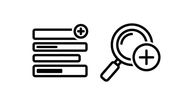 Layer manager icon set with stack of layers and magnifying glass magnifying interface software workspace computer application minimalist isolated monochrome development organize