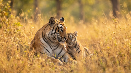 Fototapeta premium A heartwarming and professional wildlife shot capturing a young tiger cub leaning against its mother in a sun-drenched golden meadow, highlighting family bonds and nature's beauty