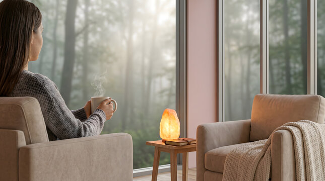 A serene moment of calm and introspection, as a woman comfortably sips a warm beverage, taking in the tranquil, misty forest view from her modern, cozy living space
