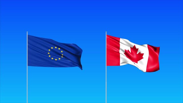 European Union and Canada Flags Animation Loop, Waving National Flags Background