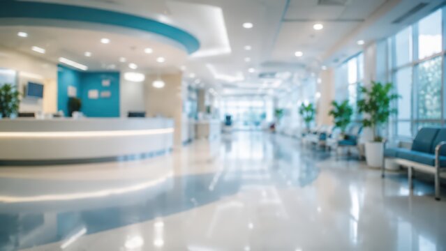 blurred modern hospital reception lobby with blue and white color scheme, curved information desk, seating area with indoor plants, and floor-to-ceiling windows with soft natural light.